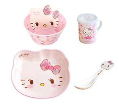 Hello Kitty Cute Pink Dinnerware Flatware Meal Set Colher de Taça Bowl Prato, 4 peças