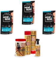 Hene Em Gel Rena Preto Natural 03x180gr Pouch+Brilho Magico Agua de Arroz Kit Tratamento 1kg Incolor