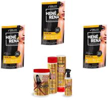 Hene Em Gel Rena Preto Natural 03x180gr Pouch+Brilho Magico Agua de Arroz Kit Tratamento 1kg Incolor