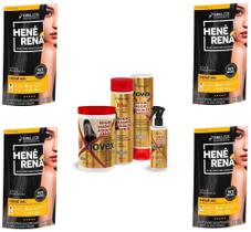 Hene Em Gel Rena Preto Natural 04x180gr Pouch+Brilho Magico Agua de Arroz Kit Tratamento 1Kg Incolor