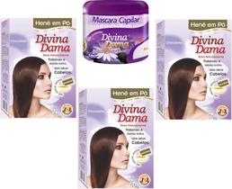 Hene em Po Divina Dama 03x50gr (Incolor, Chocolate, Preto, Azulado, Castanho)+Mascara 500gr Incolor Hene em Po Divina Dama 03x50gr (Incolor, Chocolate, Preto, Azulado, Castanho)+Mascara 500gr Incolor