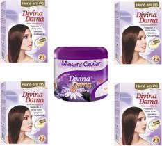 Hene em Po Divina Dama 04x50gr (Incolor, Chocolate, Preto, Azulado, Castanho)+Mascara 500gr Incolor Hene em Po Divina Dama 04x50gr (Incolor, Chocolate, Preto, Azulado, Castanho)+Mascara 500gr Incolor