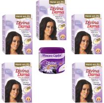 Hene em Po Divina Dama 05x50gr (Incolor, Chocolate, Preto, Azulado, Castanho)+Mascara 500gr Incolor Hene em Po Divina Dama 05x50gr (Incolor, Chocolate, Preto, Azulado, Castanho)+Mascara 500gr Incolor
