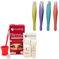 Henna Makiaj Sobrancelha Escolha a cor + 4 Pinças Chanfrada Fina Reta e Estojo Profissional