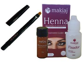 Henna p/ Sobrancelhas Makiaj Makeup 1,5g Henna e 10ml fixador + Mini Pincel Chanfrado Chucri c/tampa