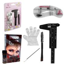 Henna Sobrancelha Indiana Beauty Profissional Com Pincel Duplo + Paquimetro 8cm + 6 Moldes