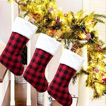 HHOCN Christmas Stockings 3 Pcs 16.5 Polegadas Buffalo Plaid com meias de manga de pelúcia Rústico Enfeite de Natal Conjunto para Decorações de Festa de Natal Familiar (Buffalo Plaid)