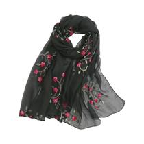 Hijab de Chiffon Bordado - Lenço Floral para Verão - Proteção Solar 180x75cm