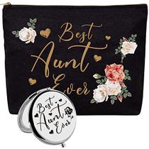 HnoonZ Best Aunt Ever Gifts, Aunt Gift, Aunt Gifts from Niece, Auntie Gifts, Aunt Bday Gift from Niece, Gifts for Aunt, Birthday Gifts for Aunt, Aunt Compact Mirror, Best Aunt Makeup Bag, Aunt Cosmetic Bag