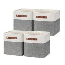 HNZIGE Fabric Cube Storage Baskets Bins Cube Baskets 11x11, Conjunto de 4, Cestas de caixa de armazenamento dobrável para prateleiras com alças, lixeiras para cube organizador Home Toy Nursery Closet Bedroom (Cinza Branco)