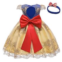 HOIZOSG Baby Girls Vestido de Batizado Branca de Neve Festa de Aniversário Baile de Formatura Bordado de Renda Batismo Bowknot Tutu Vestido w / Headwear Amarelo 18-24M