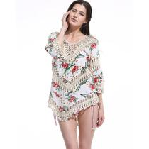 Hollow Out Bikini Cover Up V Pescoço Boho Suncreen Beachwear Ka