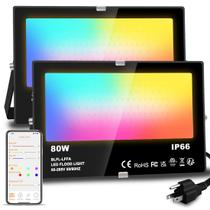 Holofote LED para uso externo equivalente a 800 W, iluminação paisagística RGB inteligente de 8000 LM com controle de APP, cenas de bricolage Cronometragem 5700 K, branco diurno Iluminação ascendente que muda de cor, plugue americano IP66 à prova d'água MELPO (pacote com 2)