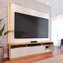 Home Estante Orlo 200cm TV até 75 Fitas LED Portas Deslizantes MDP/MDF Off White/Freijó G73 - Gran Belo