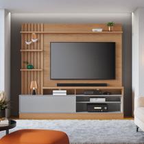 Home Estante Para TV 65 Pillar Detalhe Ripado e Nichos com Led Freijó/Cinza Fosco G73 - Gran Belo Home Estante Para TV 65 Pillar Detalhe Ripado e Nichos com Led Freijó/Cinza Fosco G73 - Gran Belo