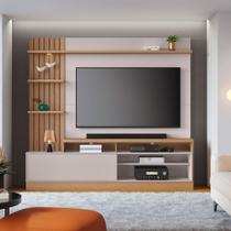 Home Estante Para TV 65 Pillar Detalhe Ripado e Nichos com Led Freijó/Off White G73 - Gran Belo Home Estante Para TV 65 Pillar Detalhe Ripado e Nichos com Led Freijó/Off White G73 - Gran Belo