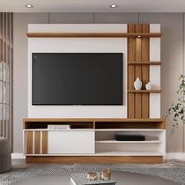 Home Mariana 1,80m TV 55" Painel Ripado Prateleira Nichos LED - Perola Metalizado/Amendoa Home Mariana 1,80m TV 55" Painel Ripado Prateleira Nichos LED - Perola Metalizado/Amendoa