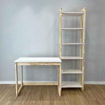 Home Office Escrivaninha e Estante de Madeira Pinus Linea Slim Branco e Natural