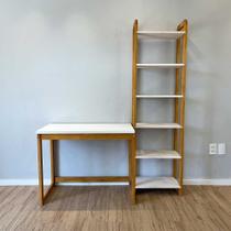 Home Office Escrivaninha e Estante de Madeira Pinus Linea Slim Branco e Nozes