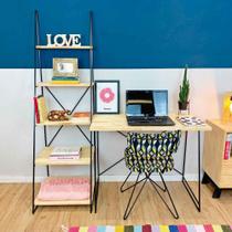 Home Office Escrivaninha e Estante Escada Industrial de Ferro e Madeira Natural e Preto