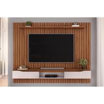 Home p/ TV até 75 Polegadas Isac Ripado c/ Prateleira e Nicho 223x175cm Freijó/Off White - DJ Móveis