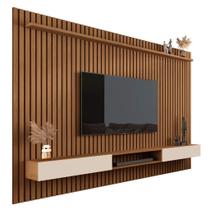HOME SUSPENSO NICHO PAINEL VIVA 100% RIPADO COR FREIJÓ / OFF WHITE 220cm PARA TV ATÉ 75'' POLEGADAS COM 2 PORTAS