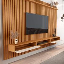 HOME SUSPENSO NICHO PAINEL VIVA 100% RIPADO COR NATURE / OFF WHITE 220cm PARA TV ATÉ 75'' POLEGADAS COM 2 PORTAS
