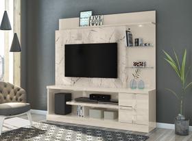 Home Theater Alan com Led e Prateleira de Vidro 5mm - Calacata/Off White Madetec