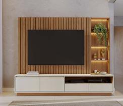Home Theater Cancún com Painel Ripado e Prateleiras com Regua de Led - Freijó/Off White Matte Colibri