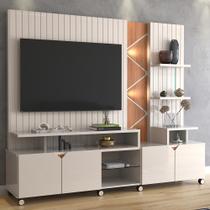 Home Theater Cross Frisado para TV até 55 com LED 4 Portas Prateleiras de Vidro Off White Jequitibá Lukaliam