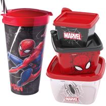 Homem Aranha Kit Potes e Copo C/ Compartimento Infantil