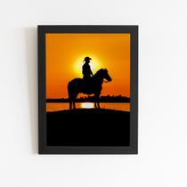 Homem Montado Cavalo Pôr Sol Quadro Moldura Preta 60x40cm