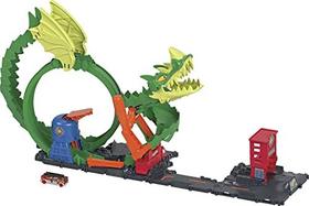 Hot Wheels City Dragon Drive Firefight Playset, Defeat The Dragon with Stunts, Connects to Other Sets, Includes 1 Hot Wheels Toy Car, Gift for Kids 3 to 8 Year Old