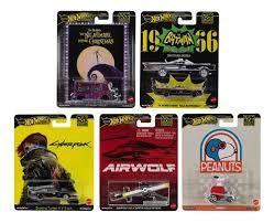 Hot Wheels Premium Pop Culture 2025 Set 5 Carrinhos Hxd63 Airwolf Snoopy Cyberpunk Tim Burtons Batmovel Clássico 1936