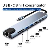 Hub 8 em 1 Tipo-C com Entrada de Rede, USB 3.0, SD/TF e Carregamento Rápido