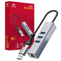 HUB Adaptador 4 Portas C3Tech, USB/USB-C Macho, 3x USB 3.0 Fêmea, 1x RJ45, Prata - HU-LAN1000