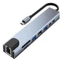Hub Adaptador 8x1 Usb Hdmi Type C Rj45 Sd Notebook 4k Cor Cinza