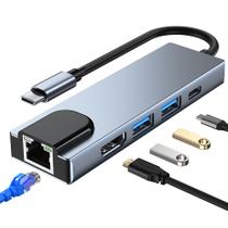 Hub Adaptador Dockstation 5 Em 1 USB Tipo C Multiportas RJ45 HDMI Lan Ethernet Compatível com MacBook