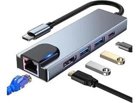 Hub Adaptador Tipo C 5 em 1 Hdmi Usb Rede