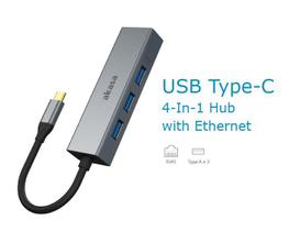 Hub Akasa USB Tipo C 4 em 1 com Ethernet 3 USB Tipo-A 5 Gbps RJ45 10/100/1000/Mbps