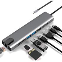 Hub F3 Adaptador Type-c 8 em 1, para HDMI, Type-c, USB 3.0, USB 2.0, Micro SD SDe LAN - JC-TYC-860