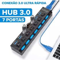 Hub USB 3.0 7 Portas Botões Individuais LED Alta Velocidade 5Gbps Mouse PenDrive Teclado Impressora