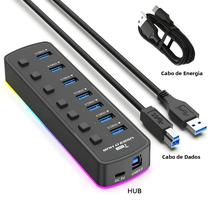 Hub USB 3.0 RGB Com 7 Portas, Adaptador De Dados De 5Gbps, Interruptor Individual Liga/Desliga,