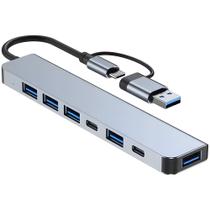 HUB USB 7 Em 1 Com Duas Saídas, Cinco Portas USB, 1 Entrada Para Cartão e Uma Para Aúdio - Cinza