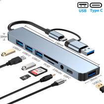 HUB USB 8 em 1, Com Leitor de Cartão, Porta USB-C, USB 3.0 / 2.0, Leitor de Cartão SD/TF, Cinza