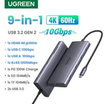 Hub USB C 3.2 10 Gbps 9 Em 1 Adaptador Thunderbolt RJ45 Leitor cartão Tipo C 100W PD HDMI 4K UGREEN