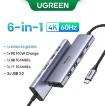 Hub USB C 6 Em 1 Adaptador Thunderbolt 3/4 HDMI 4K 60Hz Tipo C PD 100W USB 3.0 Leitor cartão UGREEN