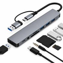 Hub USB-C 8 em 1 com Conexões USB Áudio e Cartão em Um Só Dispositivo