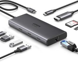 Hub USB-C 9 em 1 Cinza 10Gbps 4K HDMI 100W RJ45 Leitor SD/Micro SD - Ugreen