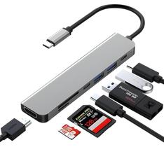Hub USBC 8 em 1 Com Entrada Tipo C e USB com 4 USB 3.0, Entrada Áudio, Slot SD USBC Data Carregamento Alta Velocidade 5Gbps